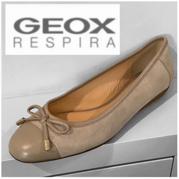 Geox Respira Taupe Ballet Flats with Bow Size 37.5 Comfort Shoe - Picture 1 of 16